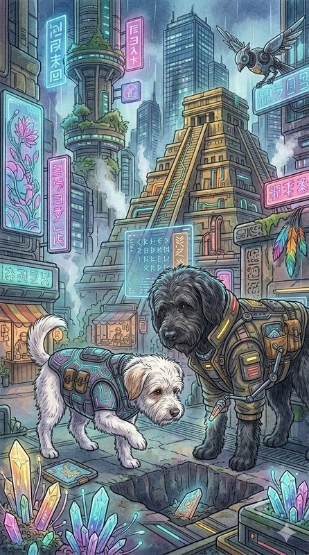 Two tactical cyberpunk dogs explore a glowing neon futuristic Mesoamerican city street in a whims...