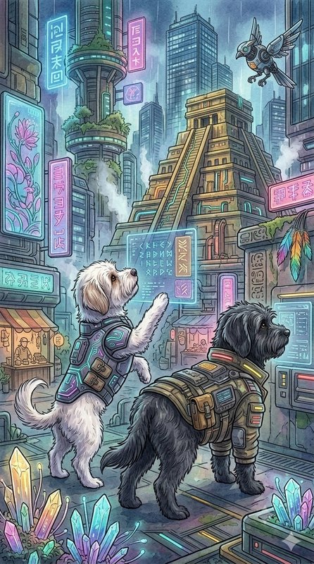 Two tactical cyberpunk dogs interact with holographic interfaces in a neon-lit rainy futuristic c...