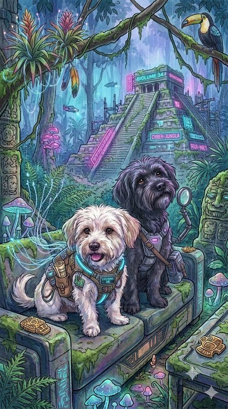 Two explorer dogs in tactical cyber gear sit on ancient ruins in a neon cyber jungle with a futur...