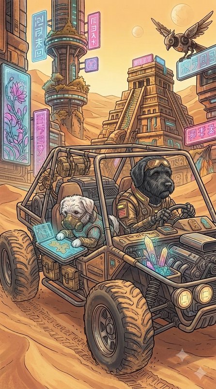 Cartoon sci-fi illustration of two anthropomorphic dog explorers driving an offroader through a c...