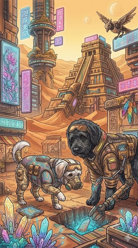 Two steampunk explorer dogs in tactical gear excavate glowing crystals in a futuristic desert Mes...