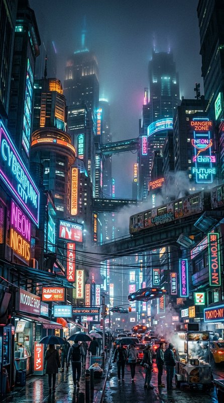 Rainy night cyberpunk cityscape with glowing neon signs, elevated transit, flying cars, street pe...