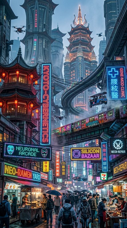 Futuristic cyberpunk East Asian city street, glowing neon signs, pagoda skyscrapers, flying vehic...