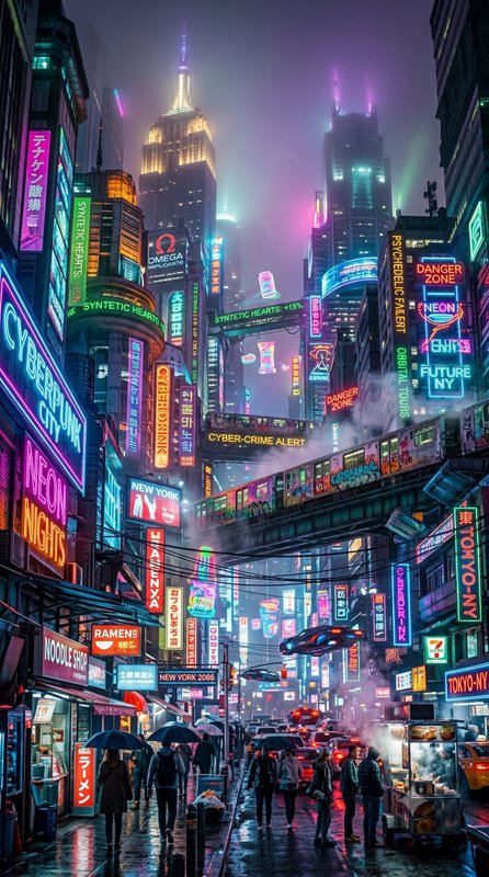 Rainy foggy cyberpunk downtown street at night, glowing neon signs, elevated train, flying cars, ...