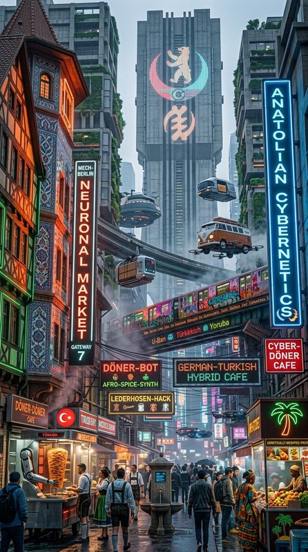 Futuristic cyberpunk Berlin street with neon signs, flying vehicles, multicultural storefronts an...