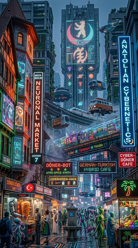 Cyberpunk futuristic hybrid German-Turkish city street with neon signs, flying vehicles, alien an...