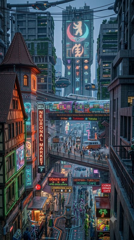 Cyberpunk futuristic Berlin cityscape blending historic half-timbered architecture, glowing neon ...