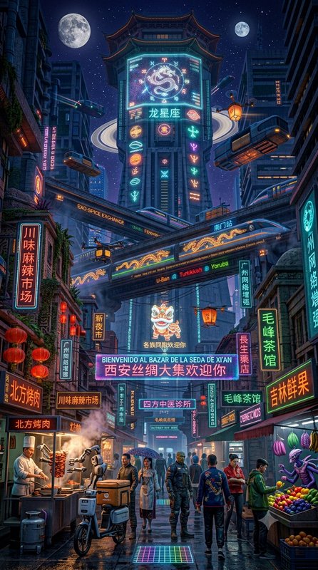 Futuristic cyberpunk Chinese night market street with neon signs, flying vehicles, twin full moon...
