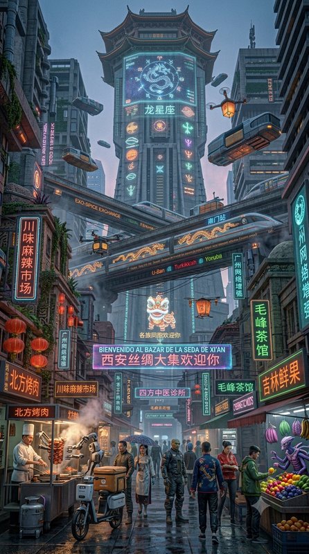 Futuristic cyberpunk East Asian city street at dusk, with neon market signs, flying vehicles, and...