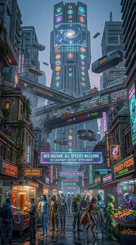 Bustling cyberpunk neo-bazaar street with multi-species alien shoppers, neon signage, flying hove...