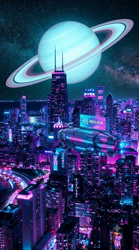 Futuristic neon cyberpunk Chicago skyline, flying spaceship, large ringed Saturn above starry nig...