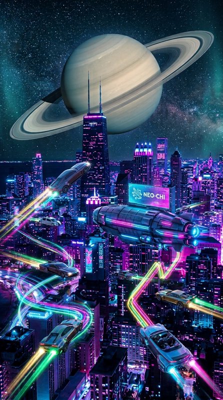 Cyberpunk futuristic city skyline with flying cars, neon light trails, and a large ringed Saturn ...
