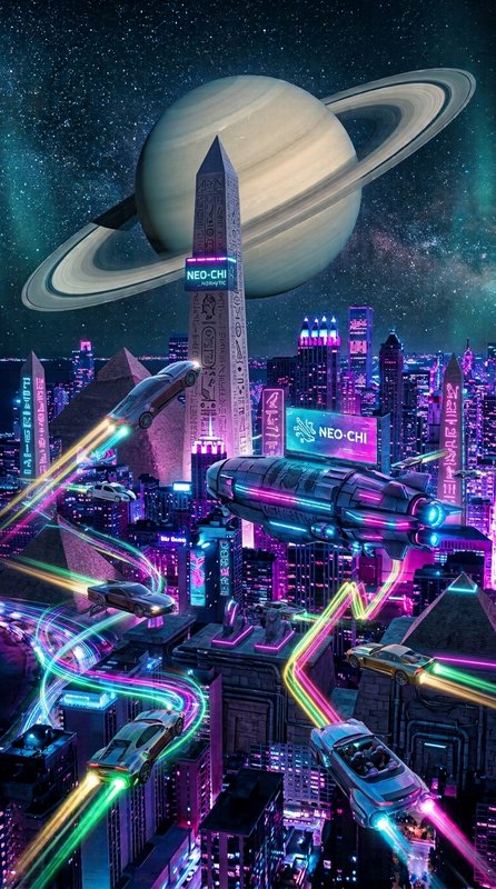 Cyberpunk futuristic Egyptian metropolis with flying neon hover cars, ringed Saturn planet, and glowing neon skyline under...