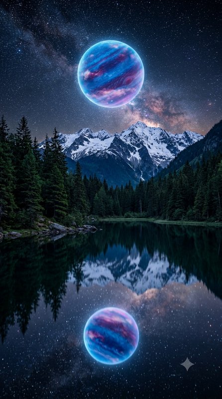 Surreal night landscape with glowing gas giant planet mirrored in calm alpine lake under starry M...