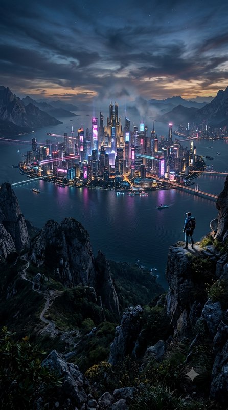 Lone backpacked hiker on a rocky cliff overlooks a glowing neon futuristic island city at twiligh...