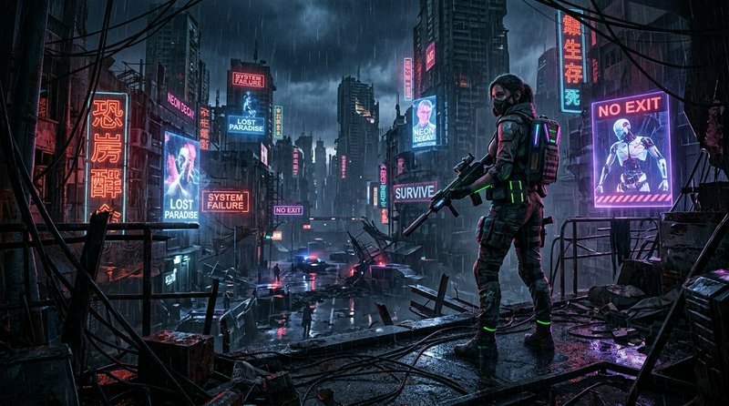 Armed female cyberpunk soldier stands on a ruined rooftop overlooking a rainy neon-lit dystopian city