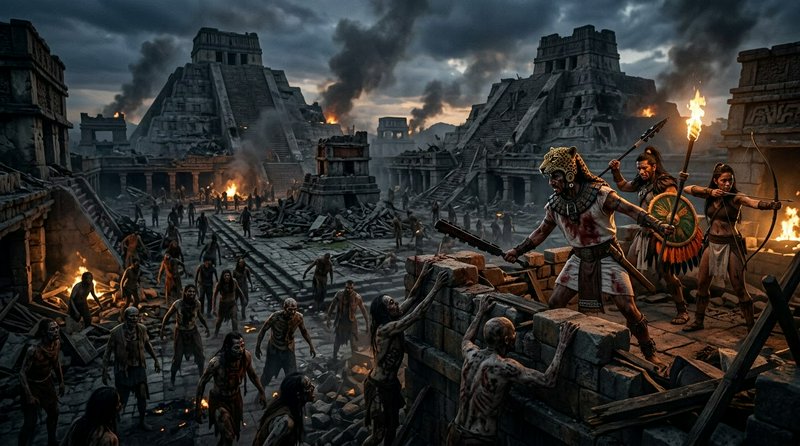 Aztec jaguar warriors defend a ruined Mesoamerican temple city from an attacking undead zombie horde