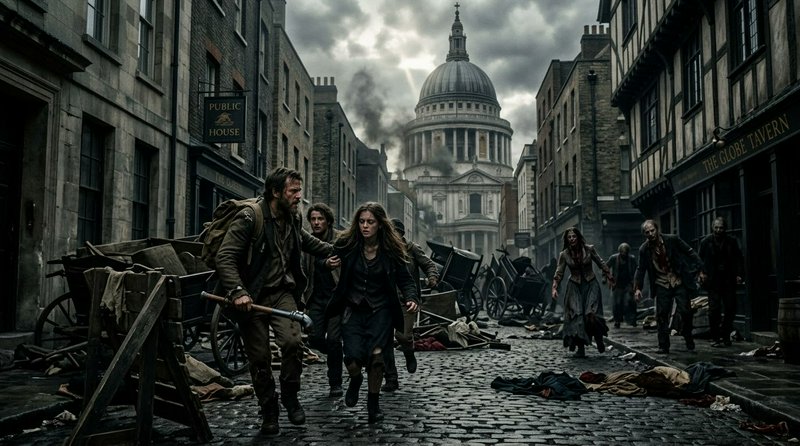 Desperate survivors flee approaching zombies down a war-torn Victorian London street with St Paul's Cathedral in the distance