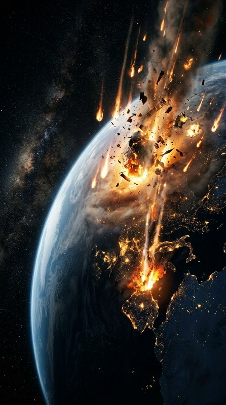 Fiery meteors strike Earth causing massive explosions, viewed from deep space against a starry Mi...