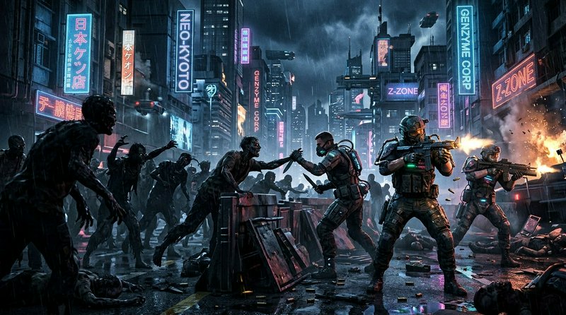 Futuristic tactical soldiers battle a zombie horde on a rain-soaked neon cyberpunk city street