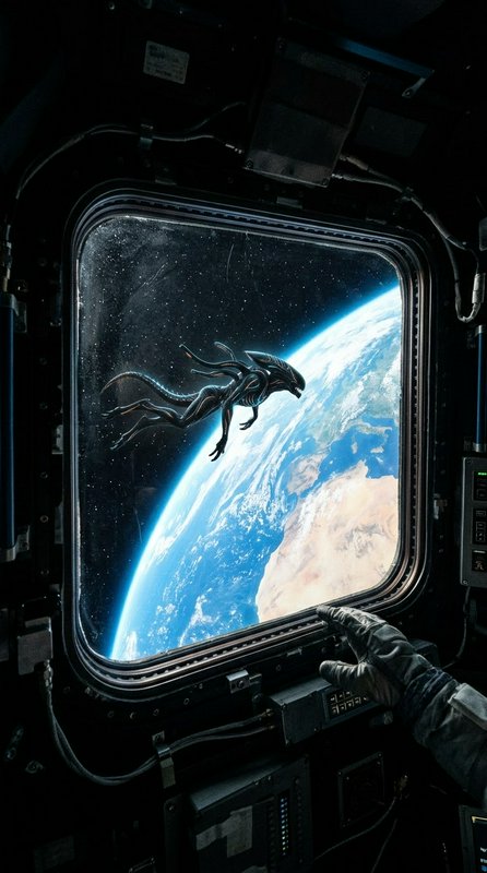 Xenomorph alien floats outside a space station porthole as an astronaut observes from inside in E...