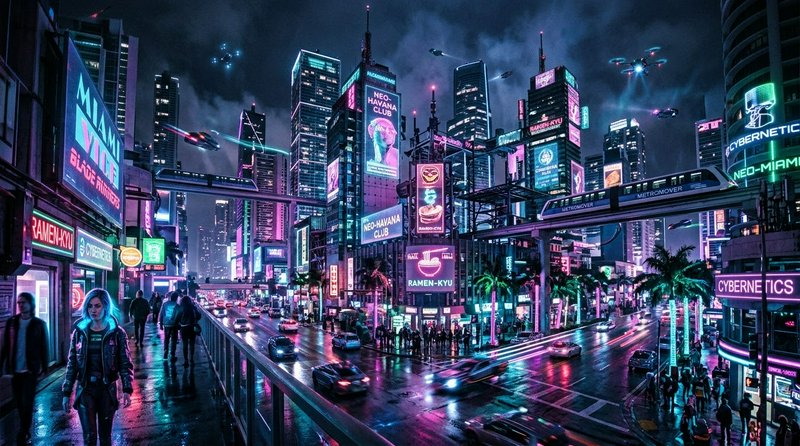 Futuristic cyberpunk downtown Miami street at rainy night, lined with neon signs, flying vehicles...