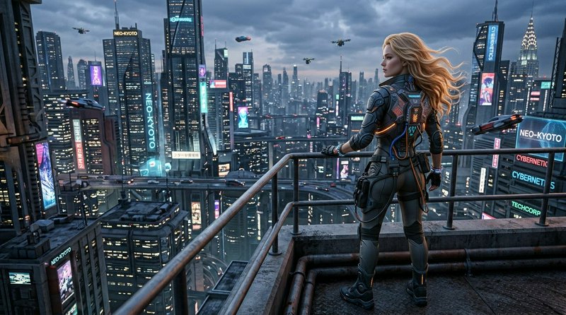 Female cyberpunk operative stands on a skyscraper rooftop overlooking a sprawling futuristic Neo-...