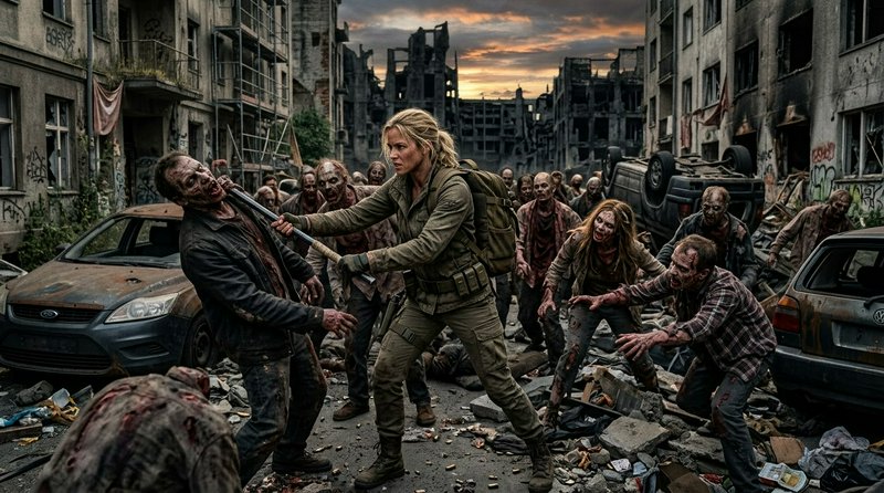 Female survivalist fends off a zombie horde with a staff on a rubble-strewn ruined city street at...