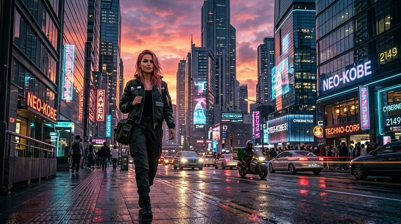 Pink-haired woman in tactical outerwear walks down a rain-slicked cyberpunk city street at sunset