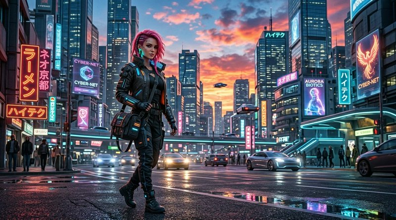 Pink-haired cyberpunk netrunner crosses a rain-slicked neon futuristic city street at sunset