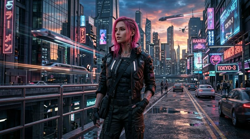 Pink-haired cyberpunk woman stands on a wet neon-lit futuristic Tokyo street at sunset.