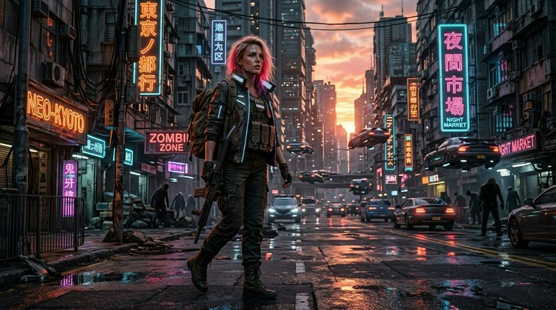 Pink-haired tactical cyberpunk survivor stands in a rainy neon post-apocalyptic Tokyo street at s...