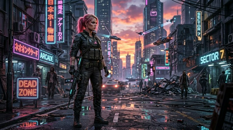 Pink-haired tactical soldier stands holding a futuristic rifle on a neon-lit cyberpunk city stree...