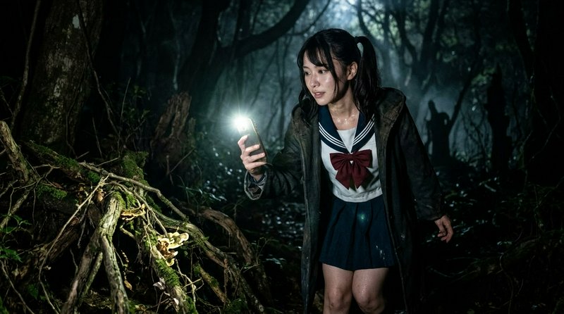 Anxious schoolgirl holding a phone flashlight navigates a dark misty haunted forest at night
