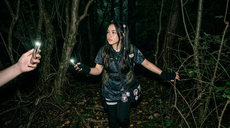 Young woman in tactical cosplay navigates a dark night forest lit by glowing phone flashlights