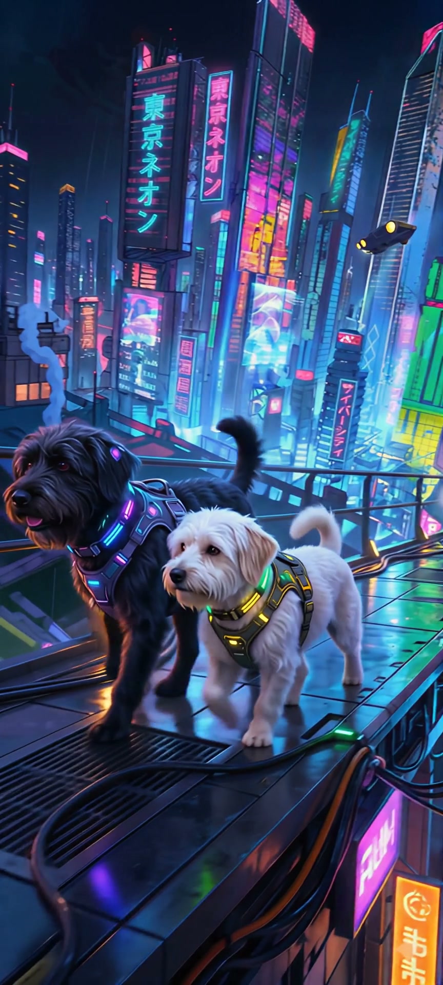 Two dogs with glowing neon harnesses walk along a moving walkway in a futuristic neon-lit cityscape.