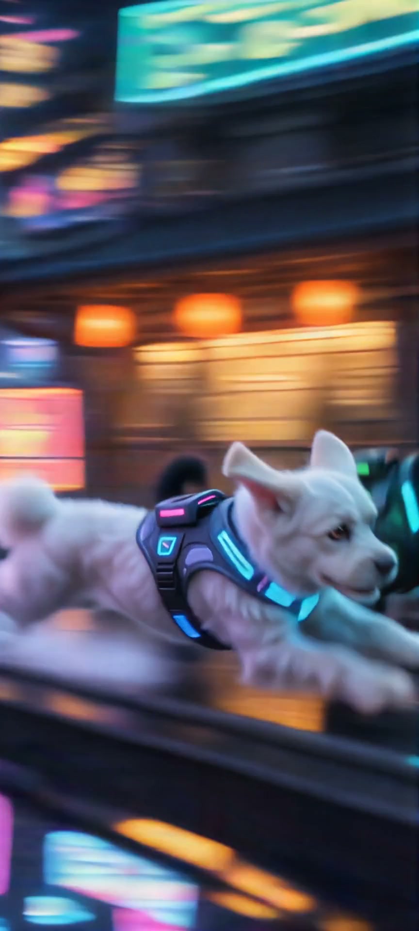 White dog wearing a glowing neon harness running through a neon-lit city street