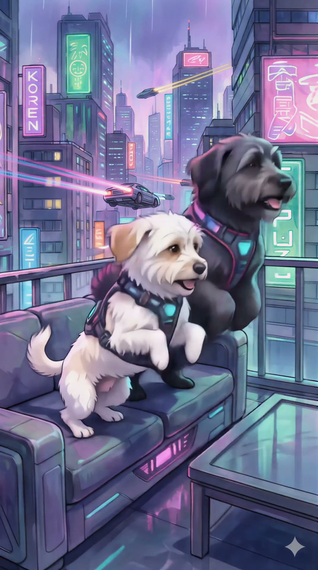Two dogs in harnesses on a futuristic neon-lit balcony overlooking a city with flying cars.