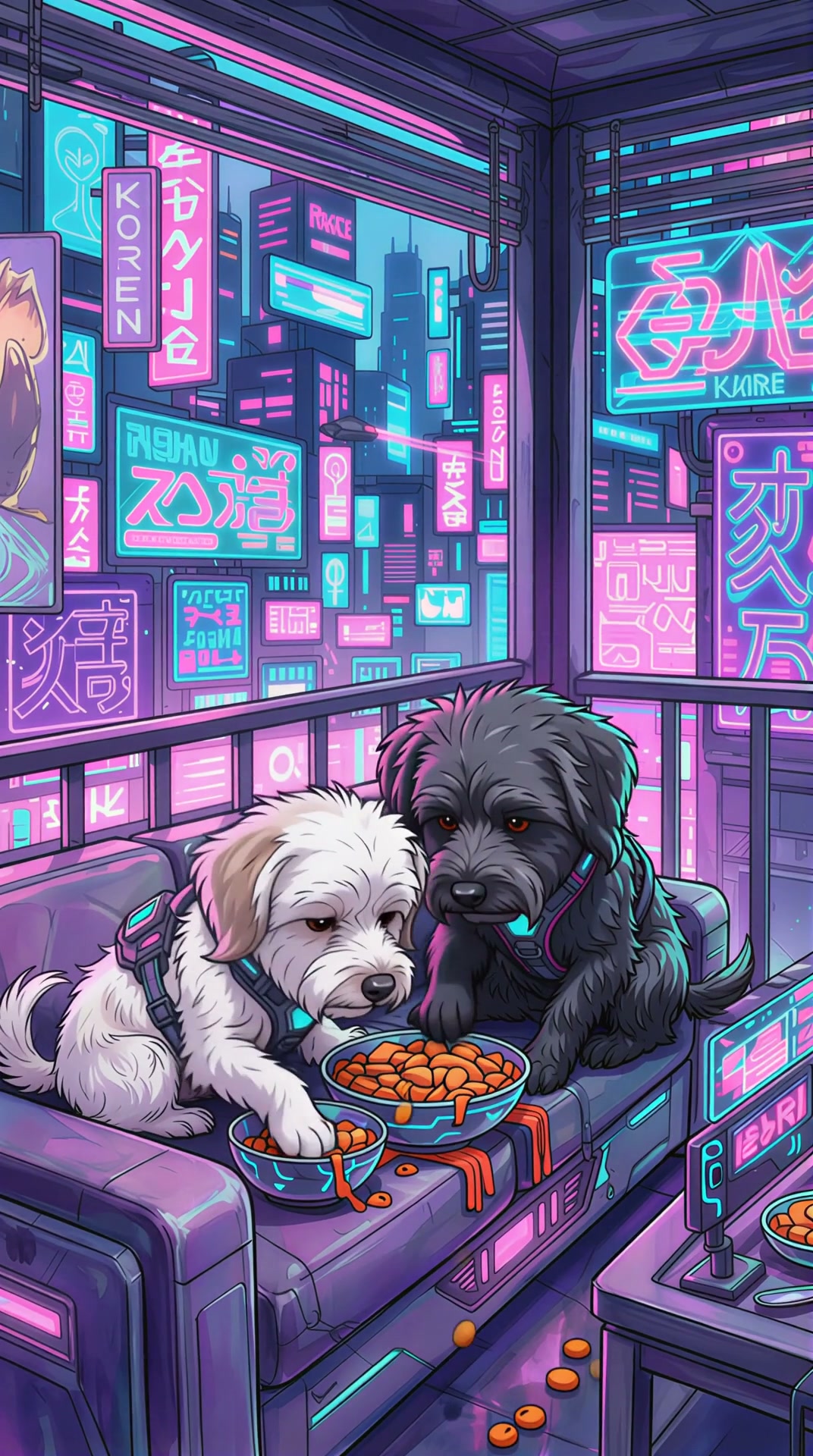 Two dogs sit on a neon-lit futuristic couch, eating bowls of kibble with a cyberpunk cityscape gl...