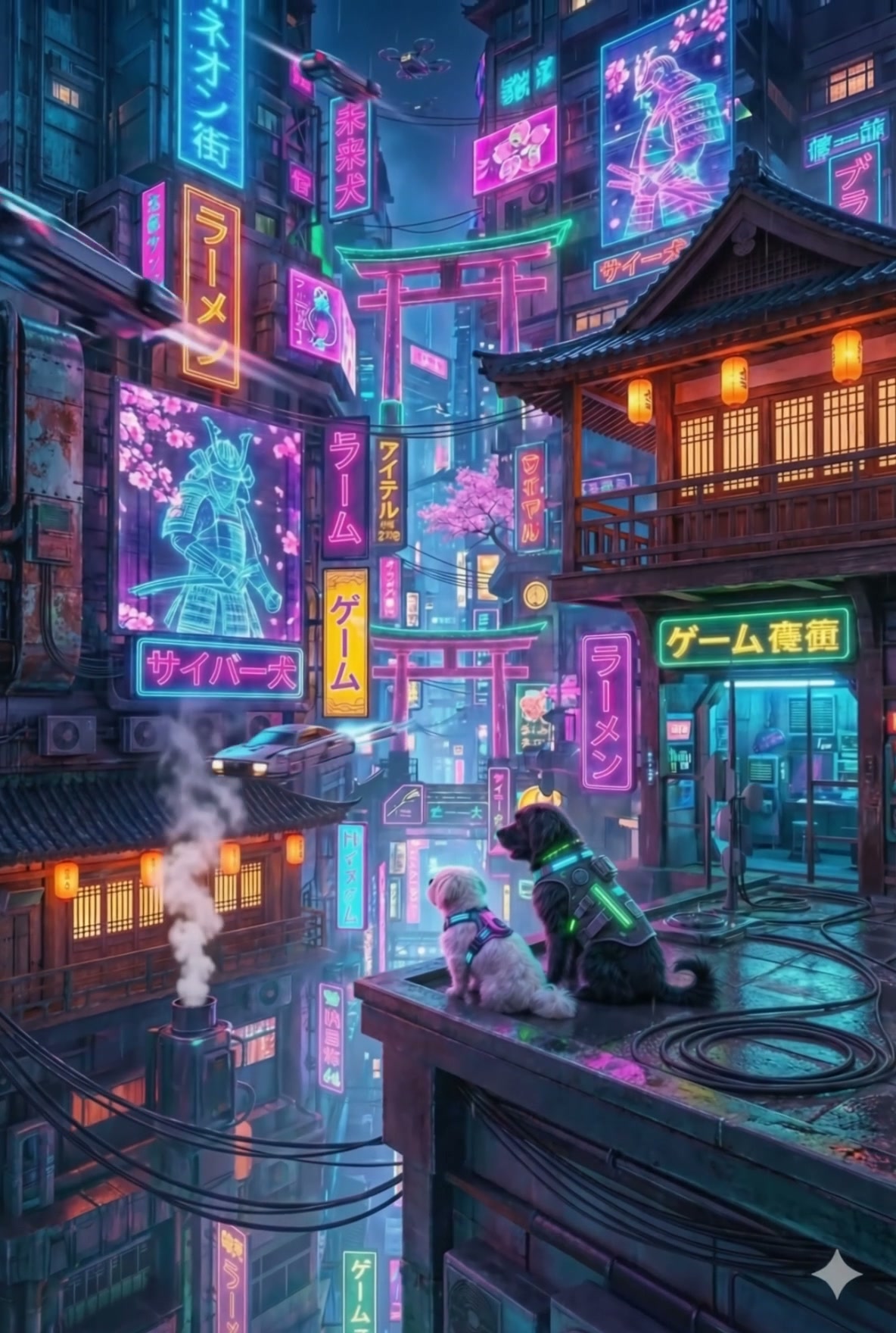 Neon-lit futuristic alley with Japanese signs, torii gate, and two cats wearing glow collars on a...