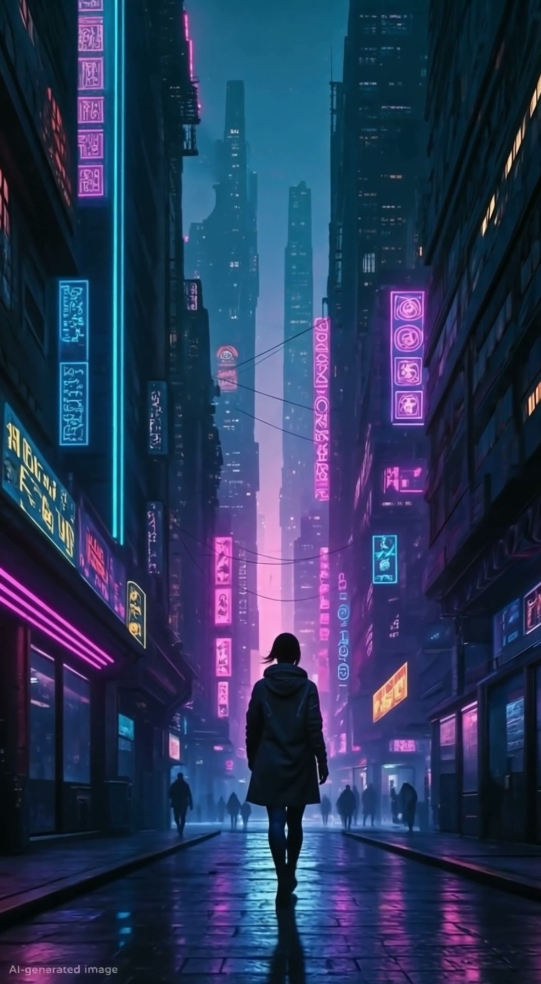 Silhouette of a person in a neon-lit cyberpunk city alley with towering skyscrapers and vibrant p...