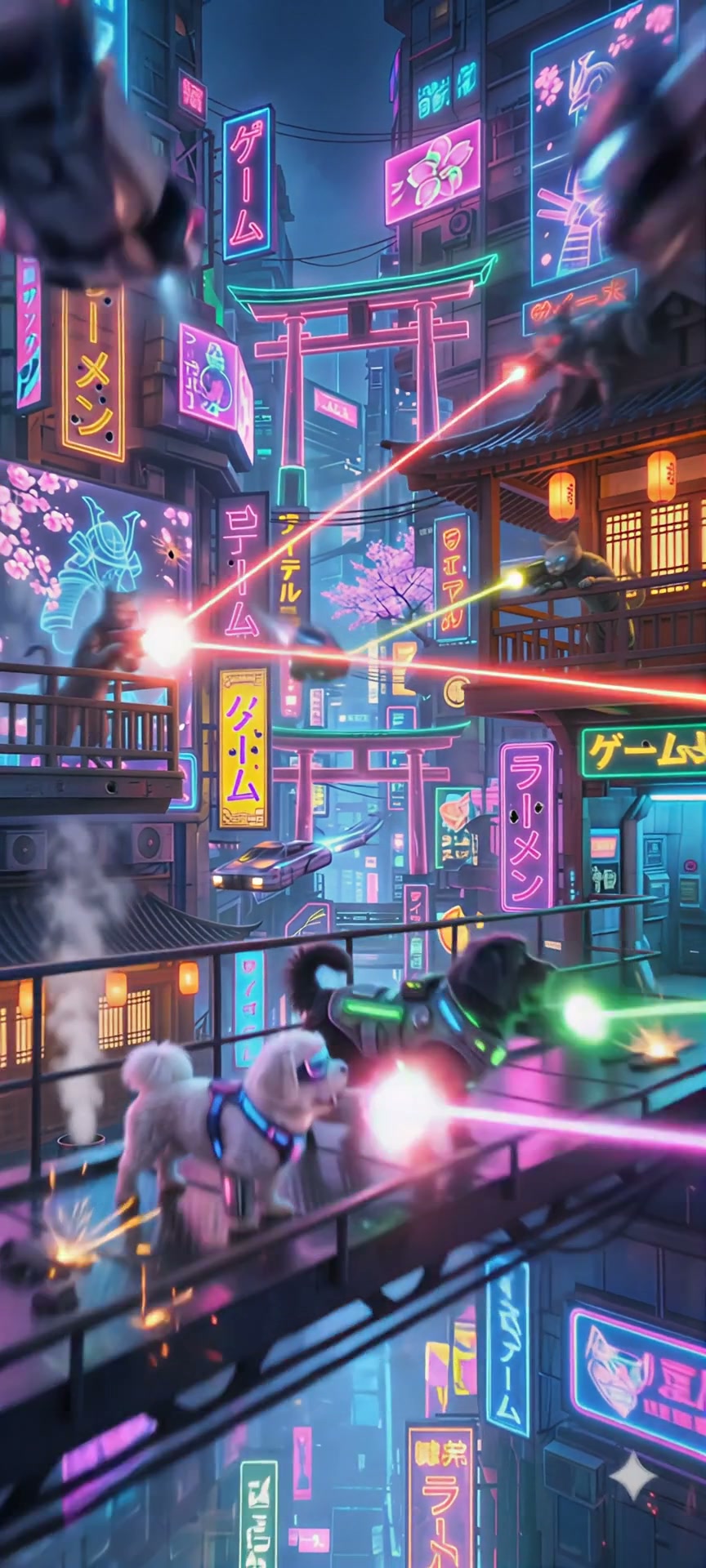 Neon-lit cyberpunk city street with Japanese signs, torii gate, lasers, and futuristic combat.