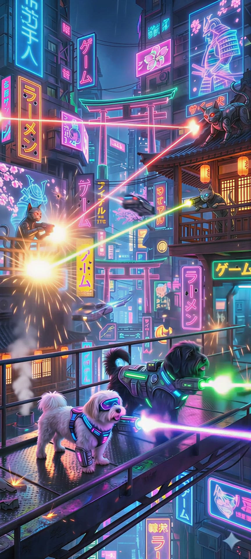 Cyberpunk neon Tokyo rooftop battle: augmented dogs and robot cats fire laser beams across a rain...