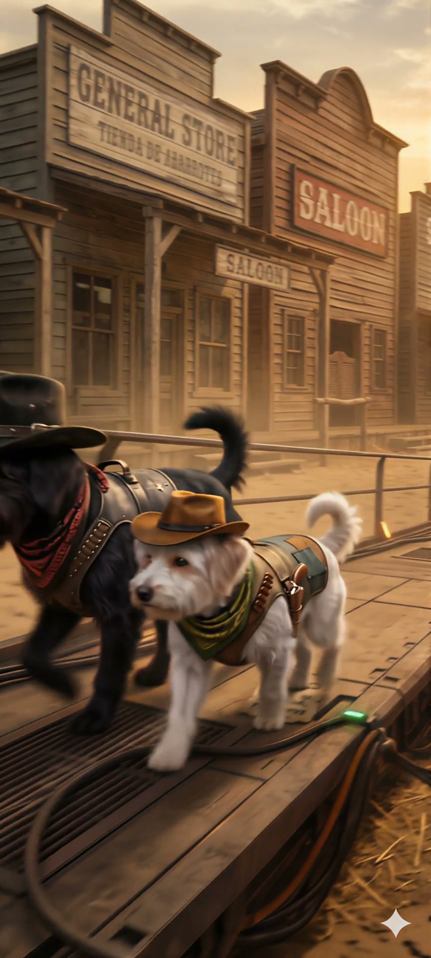 Two dogs dressed as cowboys, wearing tiny hats and leather gear, walk a rail track in a dusty Wil...