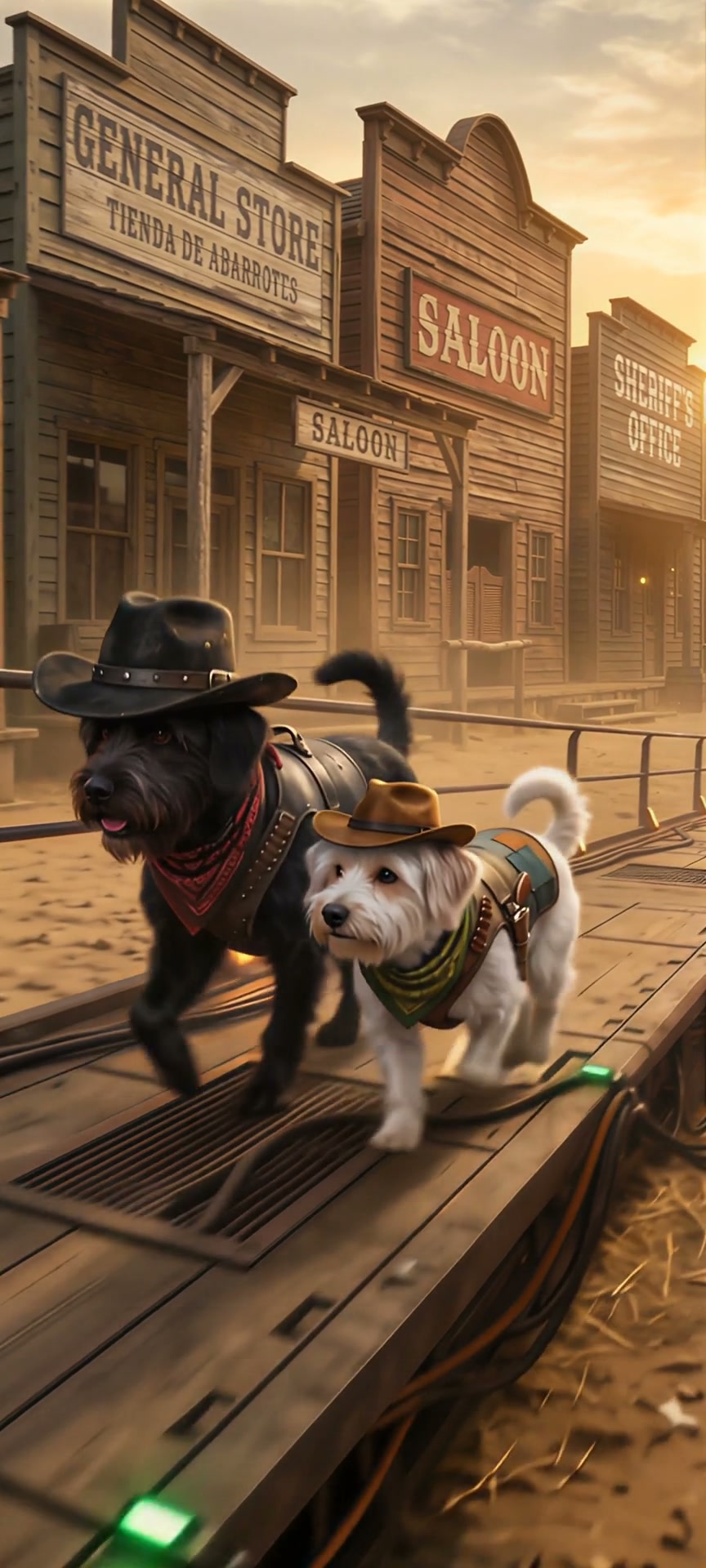 Two dogs dressed as cowboys run down an old wild west main street, passing wooden saloon, general...