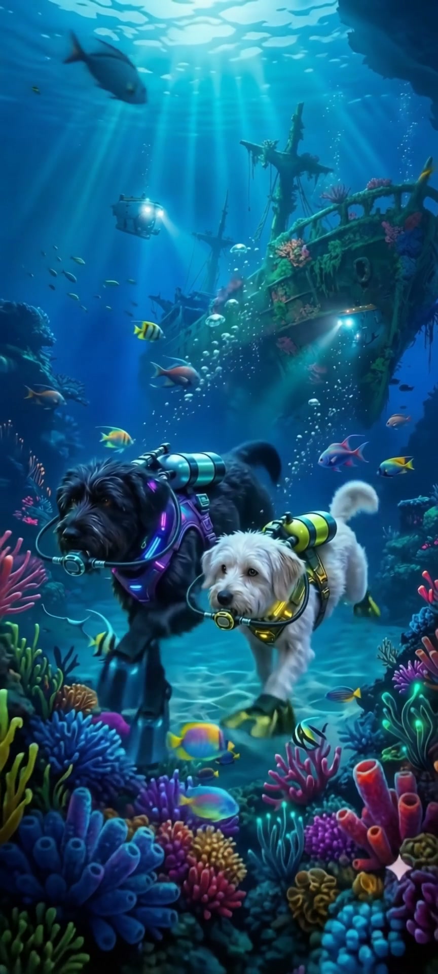 Two dogs in scuba gear swim through a colorful underwater coral reef, with a sunken shipwreck and...