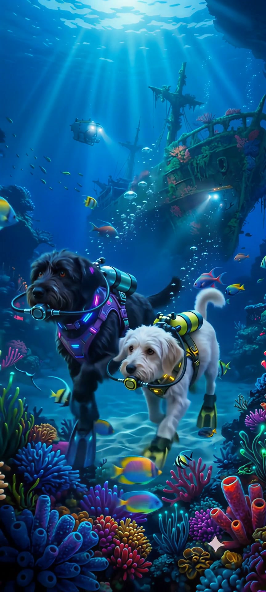 Two scuba-equipped dogs explore a vibrant underwater coral reef, with a sunken shipwreck and trop...