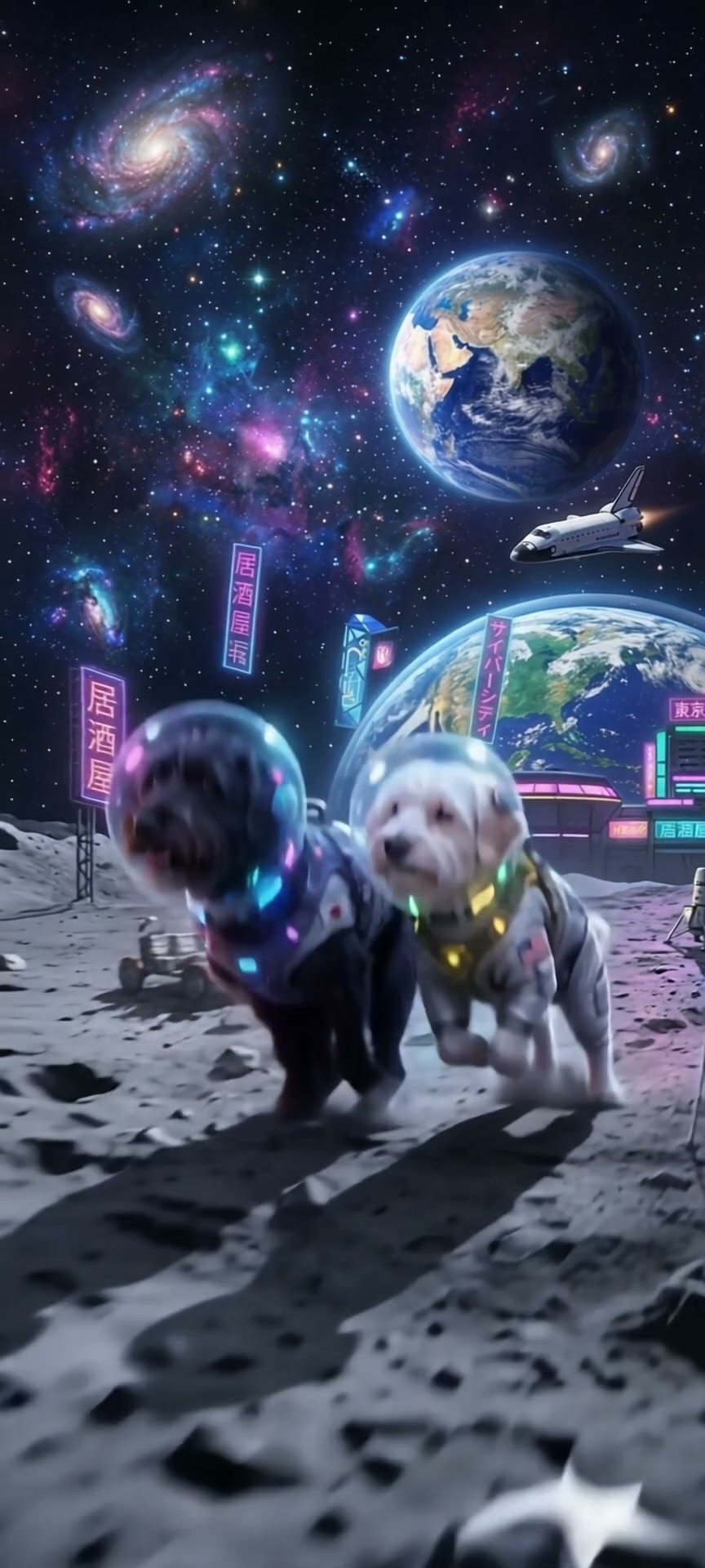 Two dogs in astronaut space suits run on a cratered lunar surface, with a neon cyberpunk city, Ea...