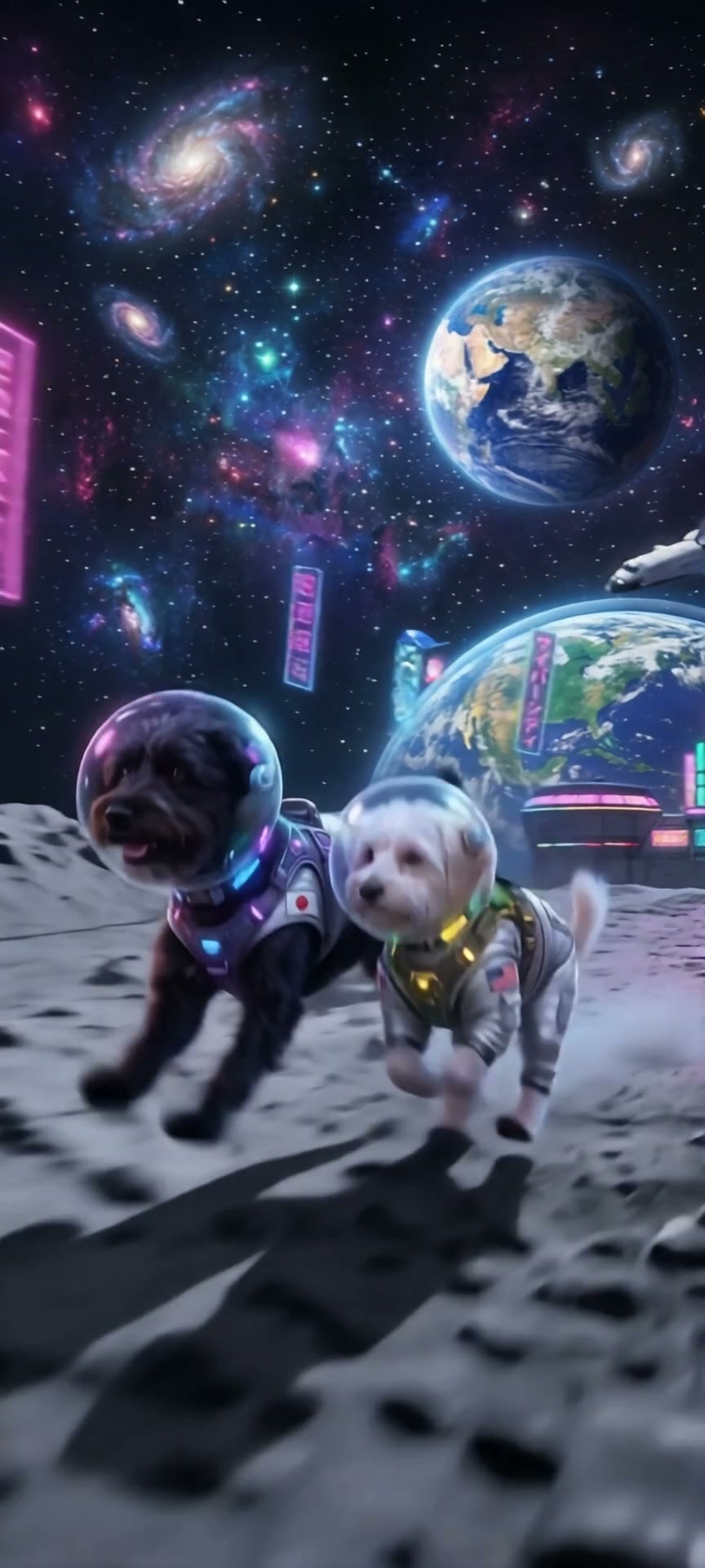 Two dogs in astronaut spacesuits with glass helmets run across a cratered lunar surface, with a c...