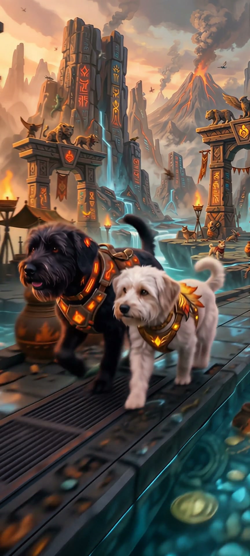 Two armored fantasy dogs walk across a stone bridge in a glowing ancient ruin landscape with an e...